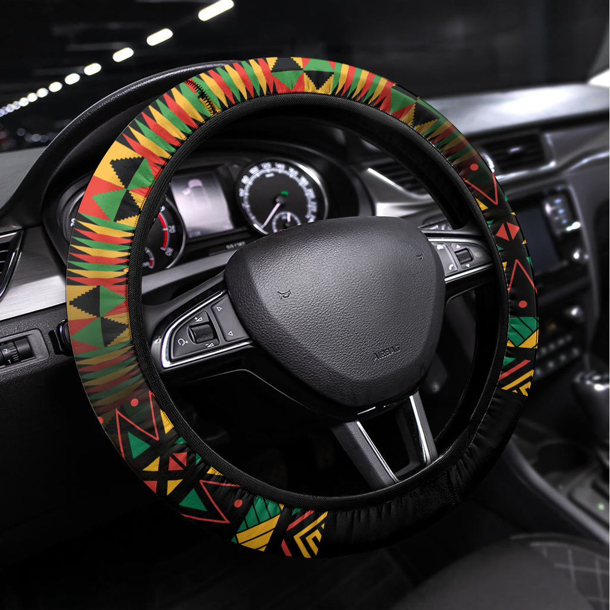 Kwanzaa Festival Steering Wheel Cover Kinara Candles African Pattern - Wonder Print Shop