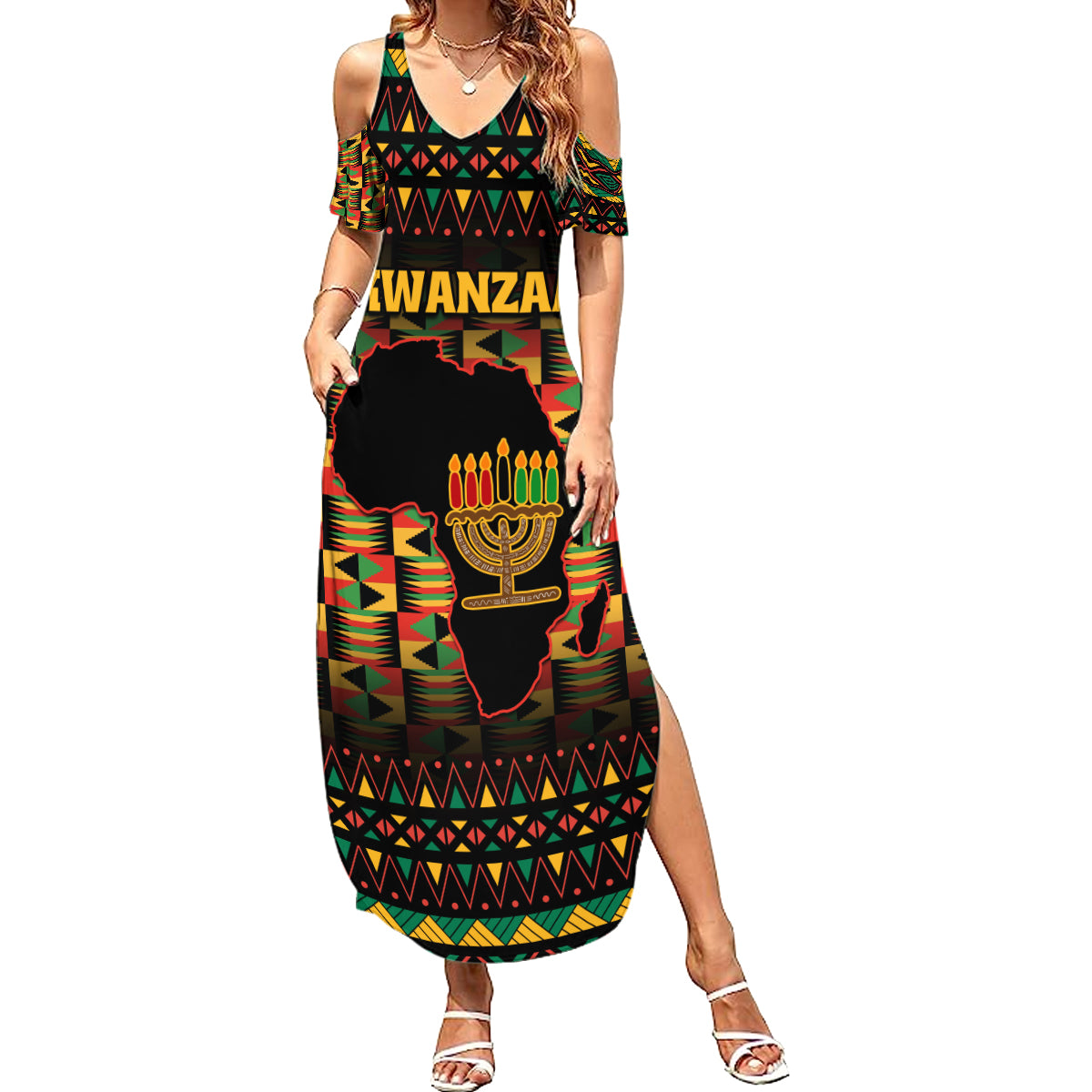 Kwanzaa Festival Summer Maxi Dress Kinara Candles African Pattern - Wonder Print Shop