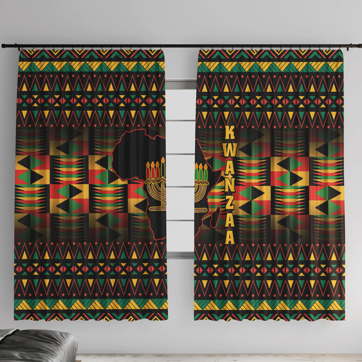 Kwanzaa Festival Window Curtain Kinara Candles African Pattern - Wonder Print Shop