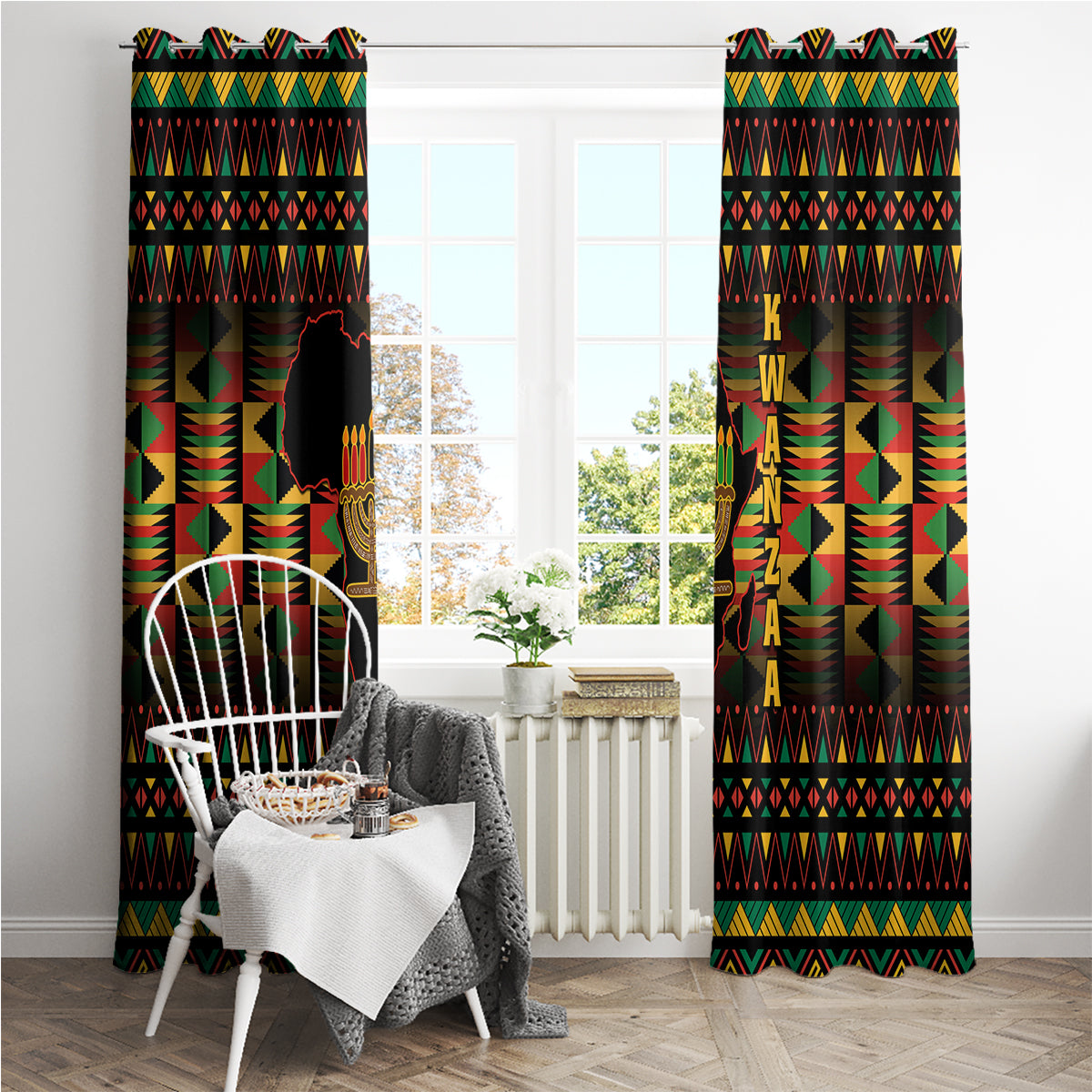 Kwanzaa Festival Window Curtain Kinara Candles African Pattern - Wonder Print Shop