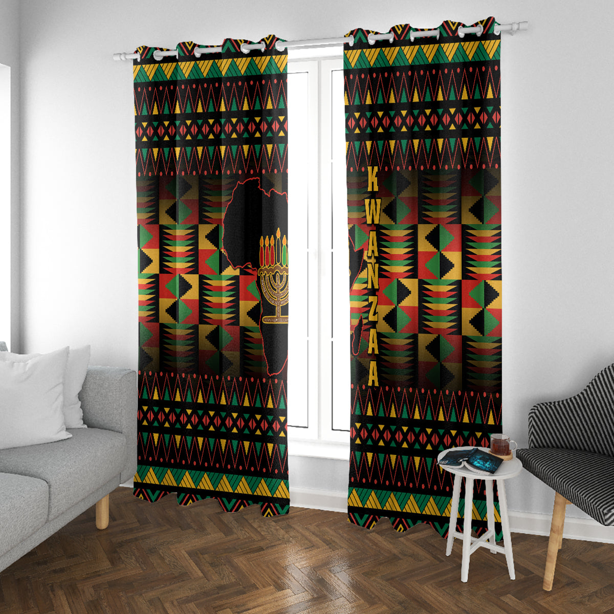 Kwanzaa Festival Window Curtain Kinara Candles African Pattern - Wonder Print Shop