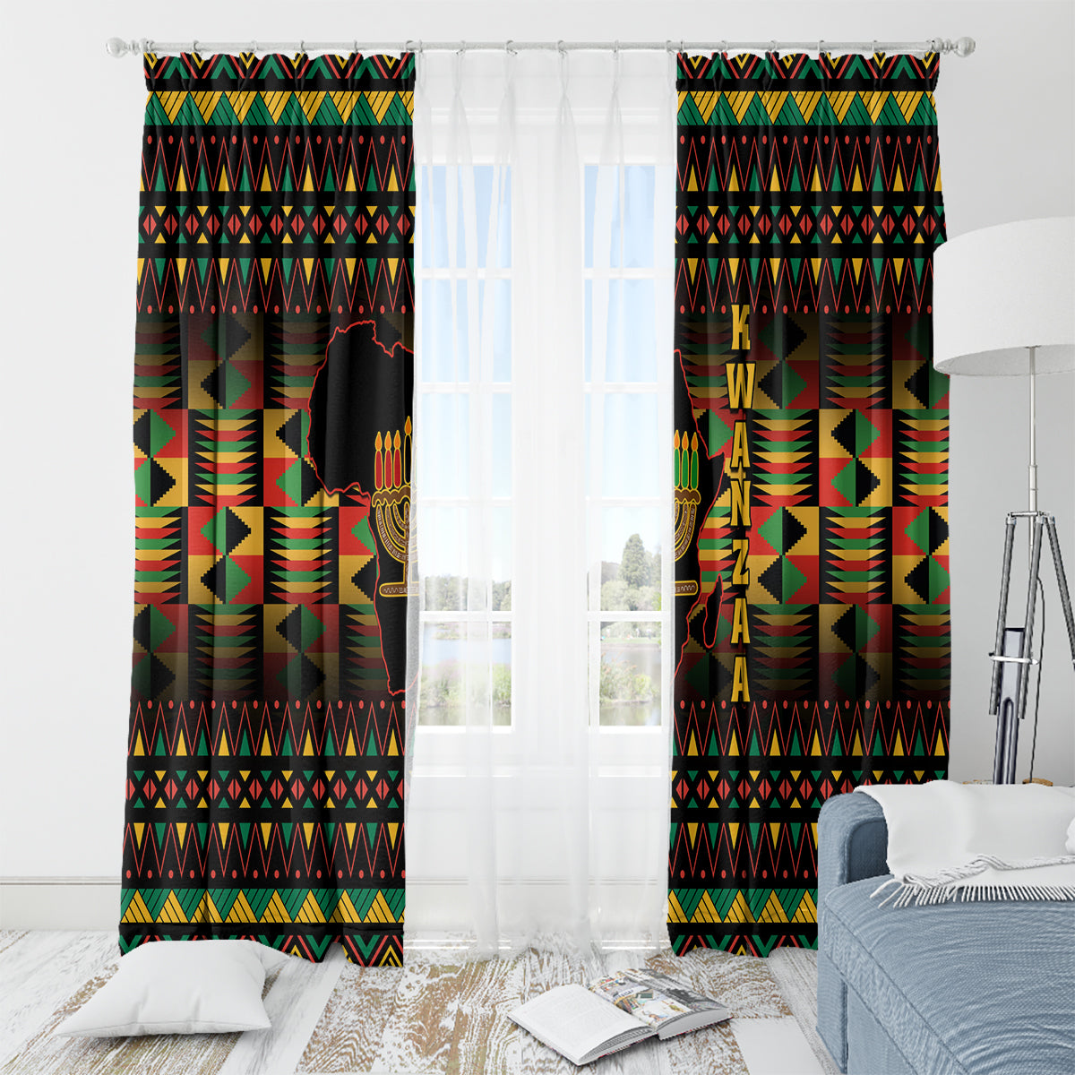 Kwanzaa Festival Window Curtain Kinara Candles African Pattern - Wonder Print Shop