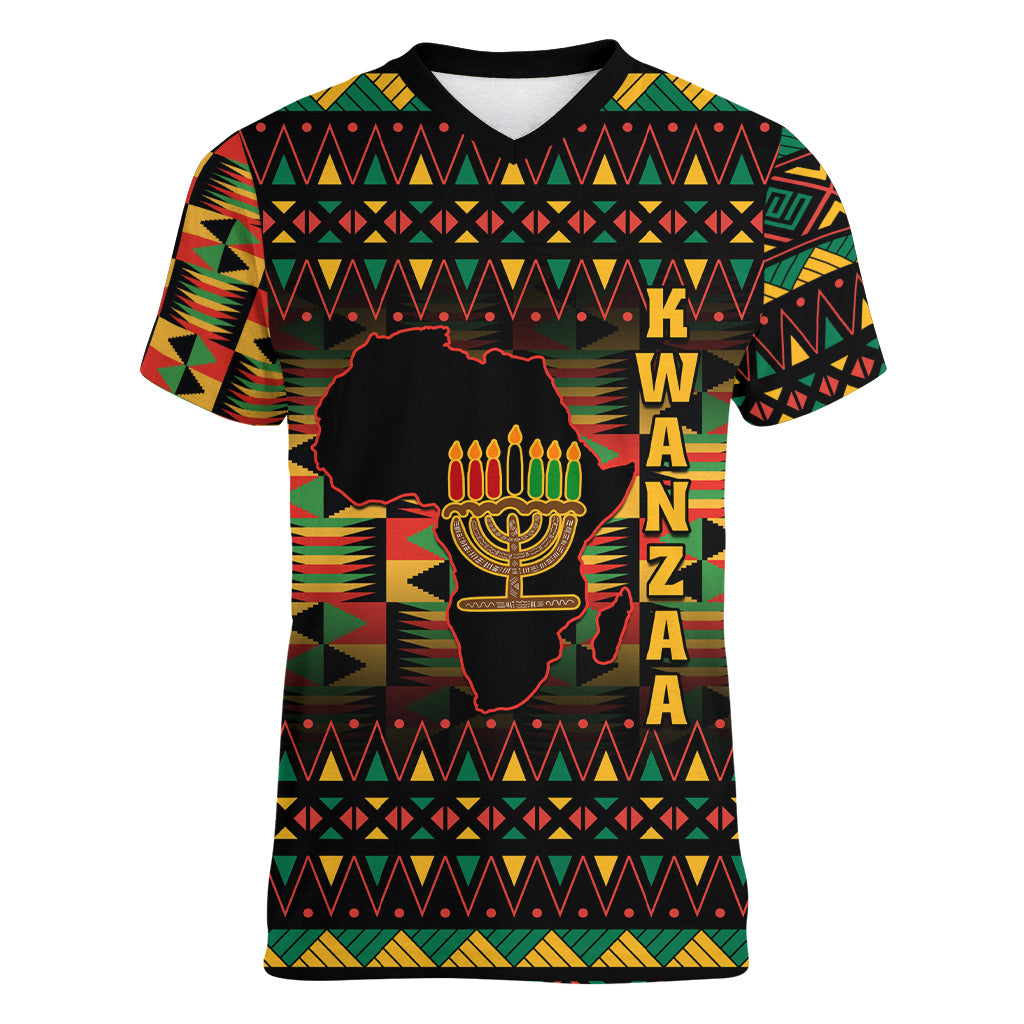 Kwanzaa Festival Women V Neck T Shirt Kinara Candles African Pattern - Wonder Print Shop