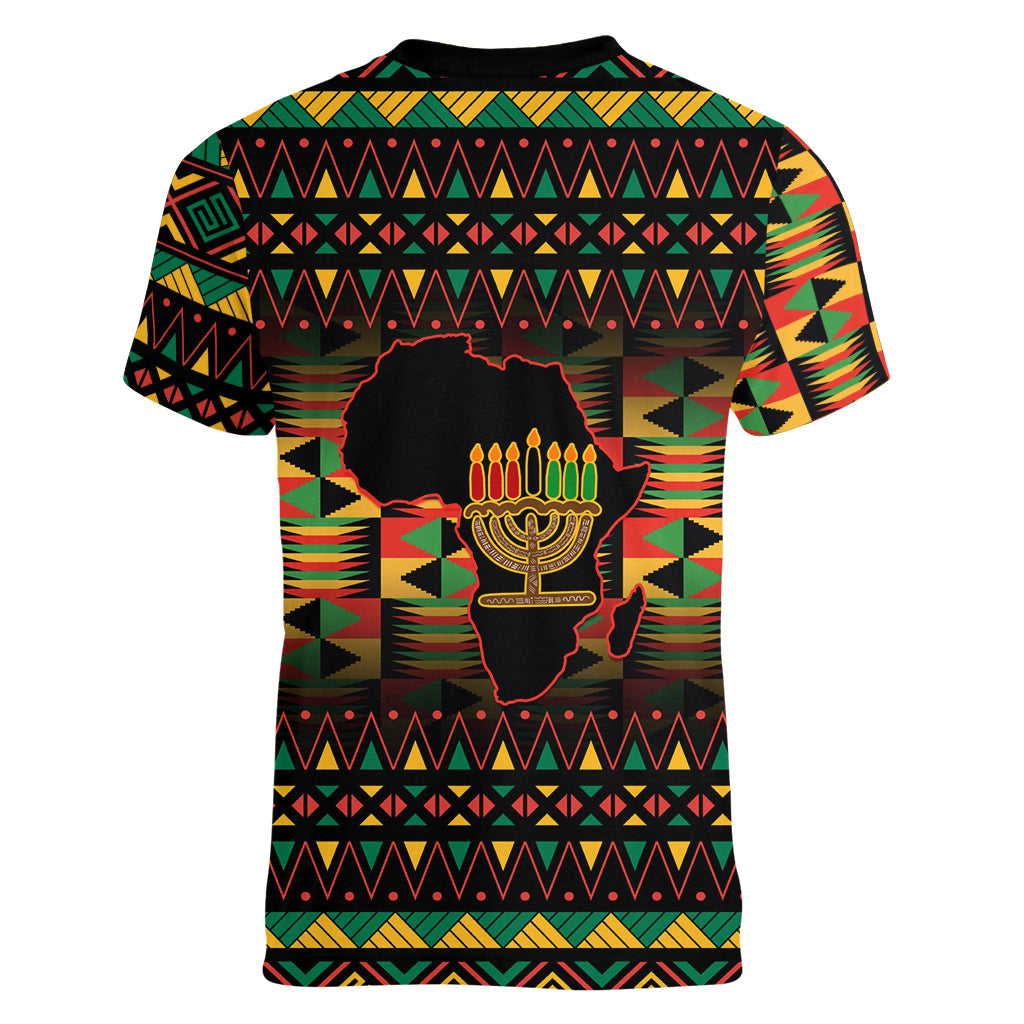 Kwanzaa Festival Women V Neck T Shirt Kinara Candles African Pattern - Wonder Print Shop