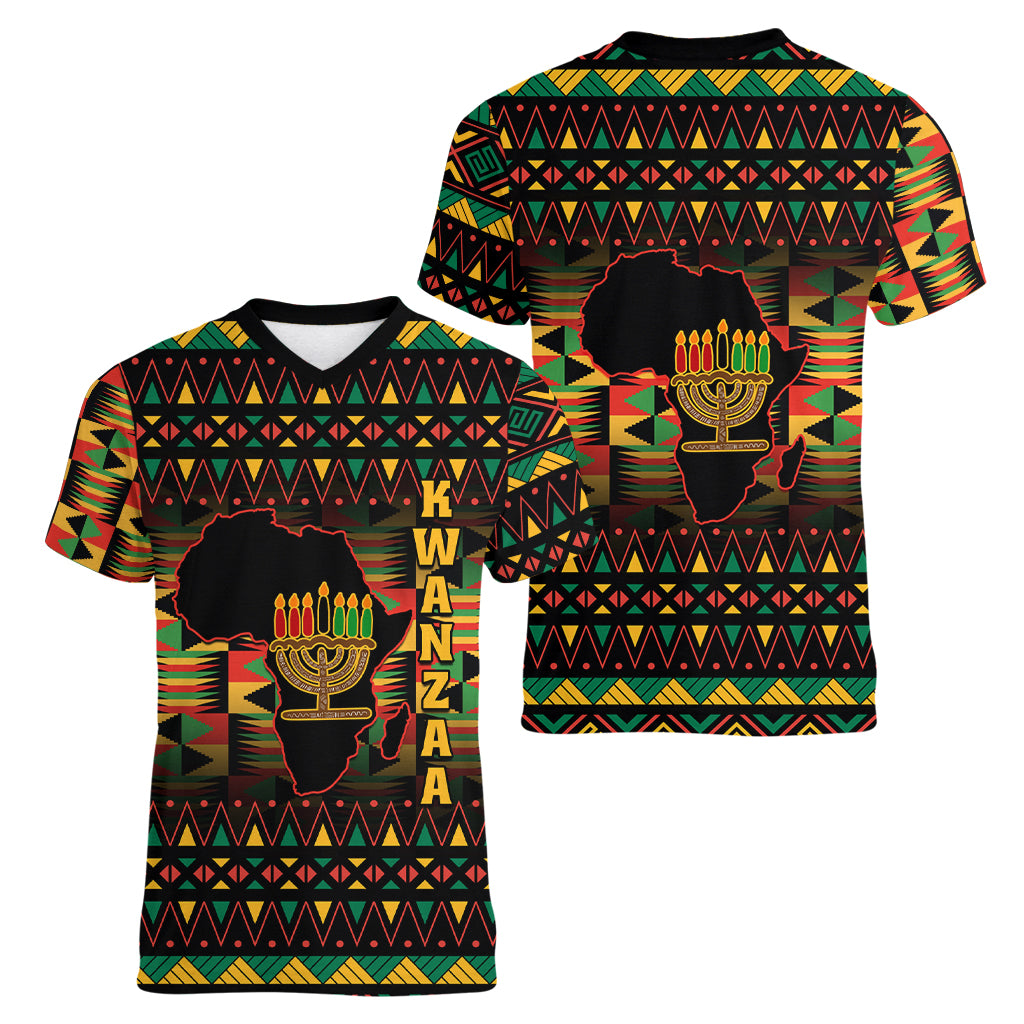 Kwanzaa Festival Women V Neck T Shirt Kinara Candles African Pattern - Wonder Print Shop