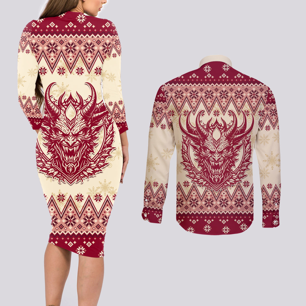 Austria Christmas Couples Matching Long Sleeve Bodycon Dress and Long Sleeve Button Shirt Krampus Xmas Pattern - Wonder Print Shop