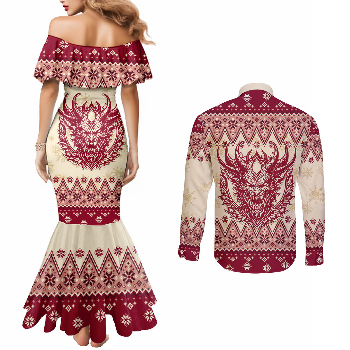 austria-christmas-couples-matching-mermaid-dress-and-long-sleeve-button-shirt-krampus-xmas-pattern