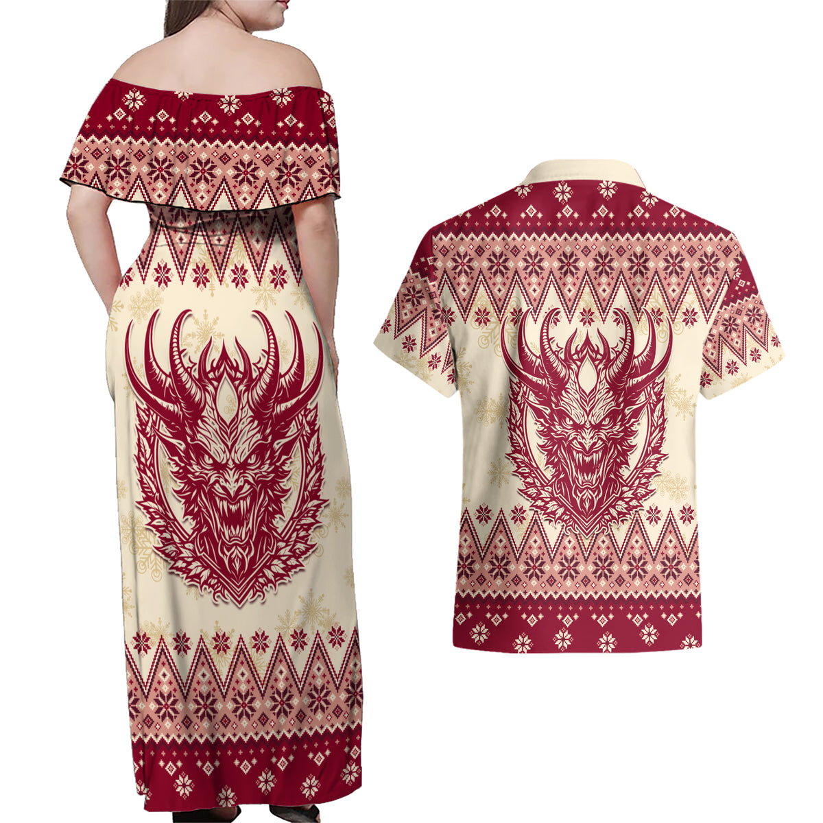 Austria Christmas Couples Matching Off Shoulder Maxi Dress and Hawaiian Shirt Krampus Xmas Pattern - Wonder Print Shop
