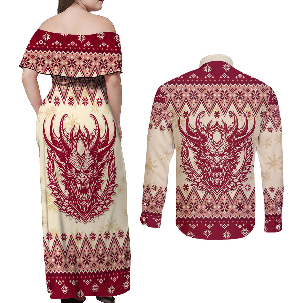 Austria Christmas Couples Matching Off Shoulder Maxi Dress and Long Sleeve Button Shirt Krampus Xmas Pattern - Wonder Print Shop