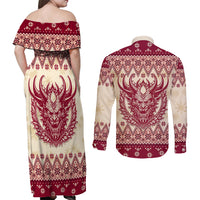 Austria Christmas Couples Matching Off Shoulder Maxi Dress and Long Sleeve Button Shirt Krampus Xmas Pattern - Wonder Print Shop