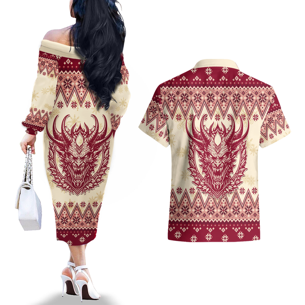 Austria Christmas Couples Matching Off The Shoulder Long Sleeve Dress and Hawaiian Shirt Krampus Xmas Pattern - Wonder Print Shop