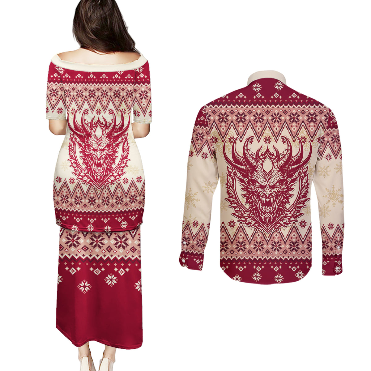 Austria Christmas Couples Matching Puletasi Dress and Long Sleeve Button Shirt Krampus Xmas Pattern - Wonder Print Shop
