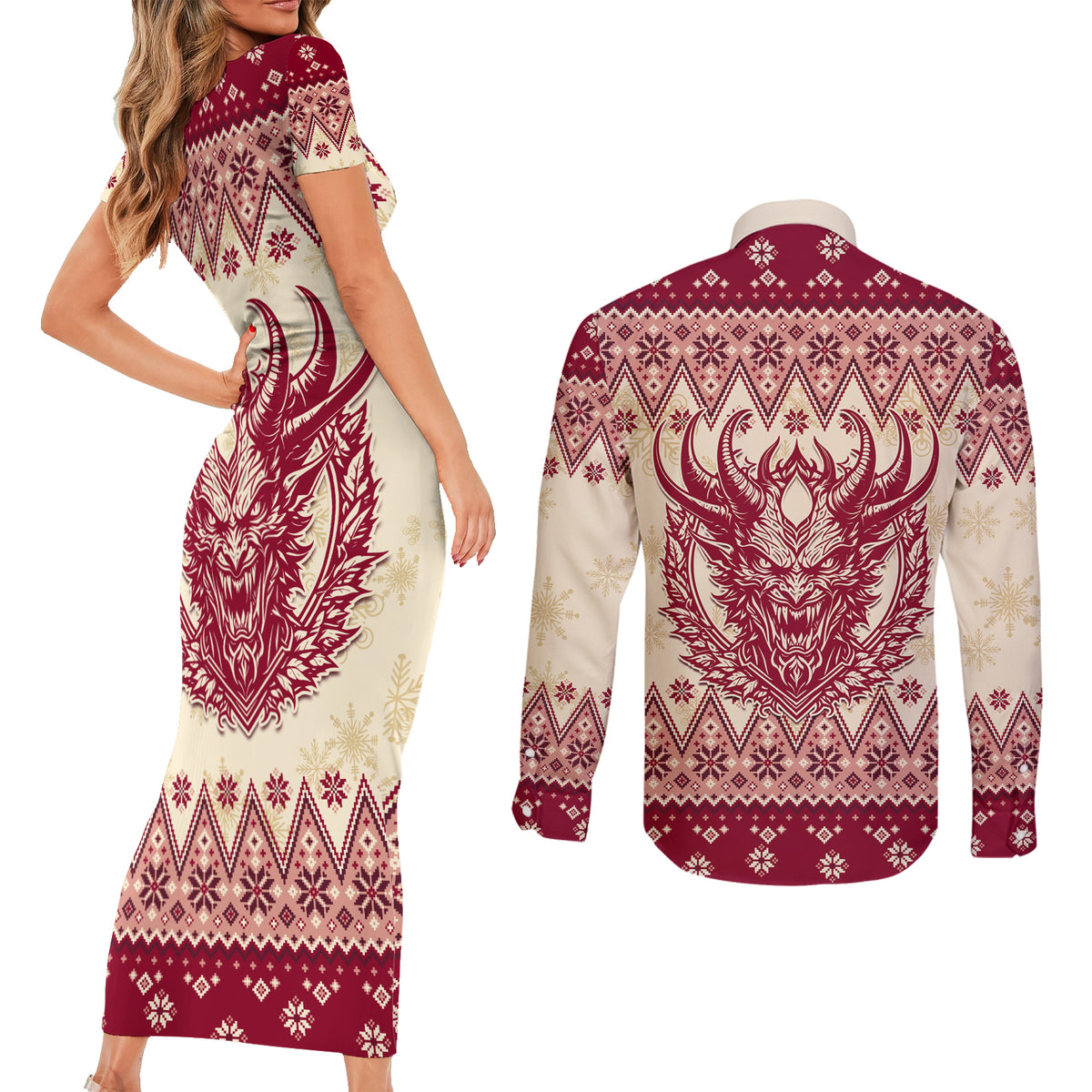 Austria Christmas Couples Matching Short Sleeve Bodycon Dress and Long Sleeve Button Shirt Krampus Xmas Pattern - Wonder Print Shop