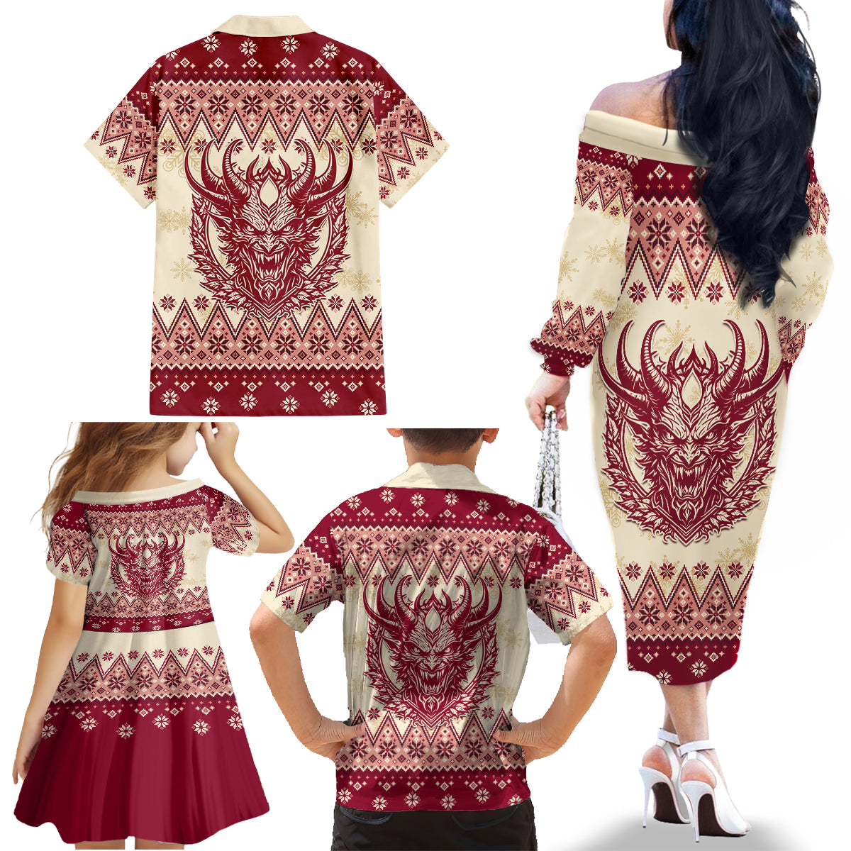 Austria Christmas Family Matching Off Shoulder Long Sleeve Dress and Hawaiian Shirt Krampus Xmas Pattern - Wonder Print Shop