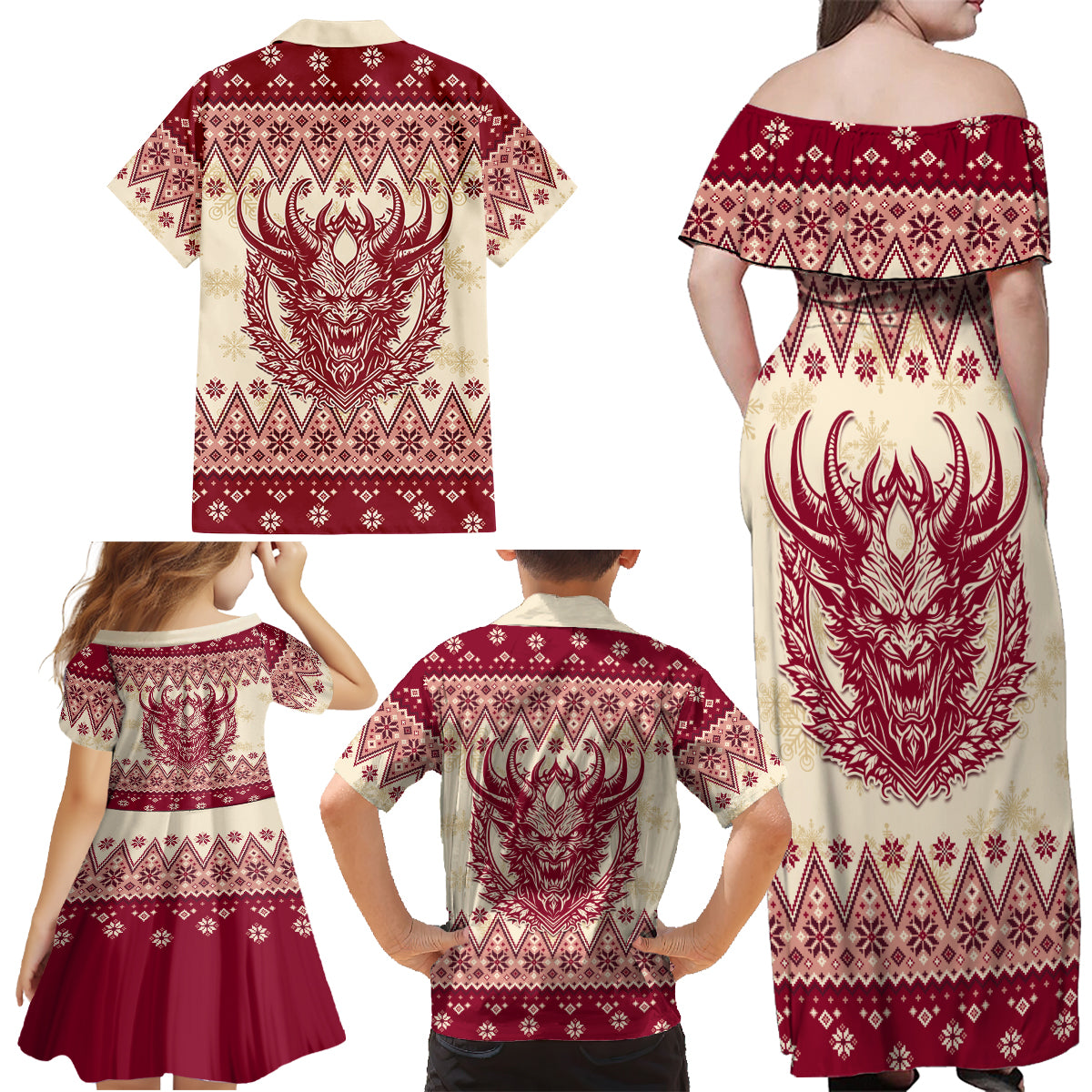 Austria Christmas Family Matching Off Shoulder Maxi Dress and Hawaiian Shirt Krampus Xmas Pattern - Wonder Print Shop