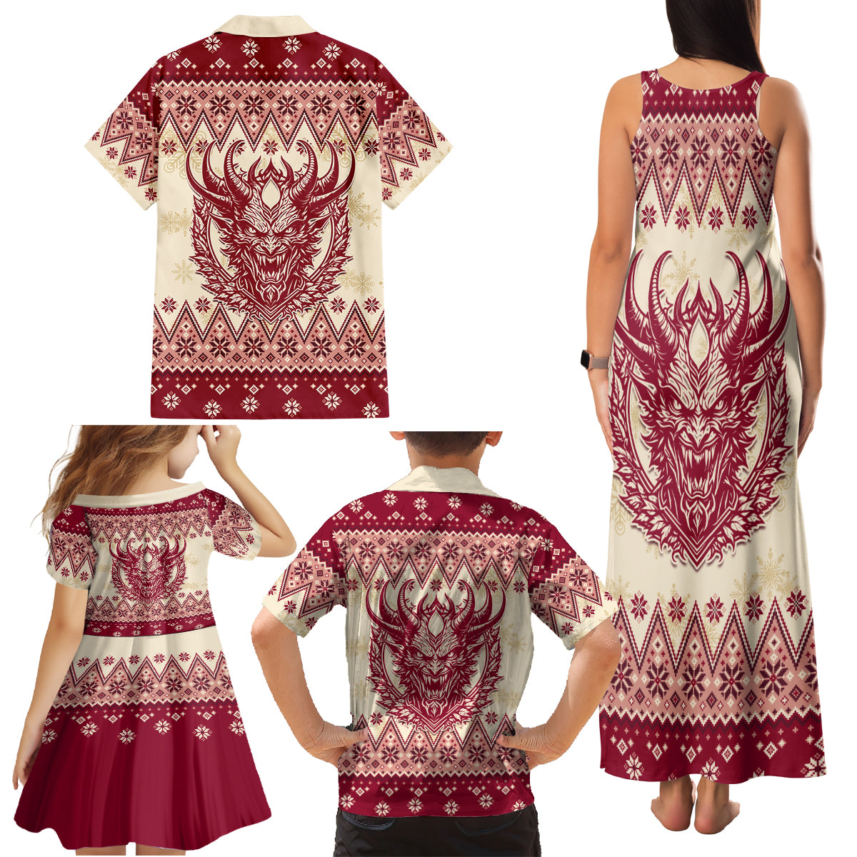 Austria Christmas Family Matching Tank Maxi Dress and Hawaiian Shirt Krampus Xmas Pattern - Wonder Print Shop