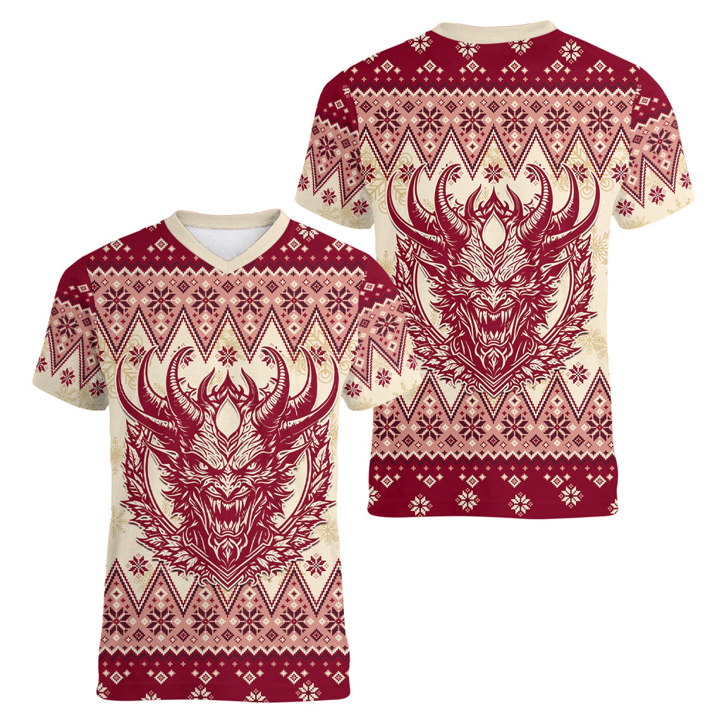 Austria Christmas Women V Neck T Shirt Krampus Xmas Pattern - Wonder Print Shop