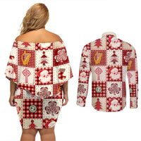 Ireland Christmas Couples Matching Off Shoulder Short Dress and Long Sleeve Button Shirt Irish Celtic Xmas Patchwork Style - Wonder Print Shop