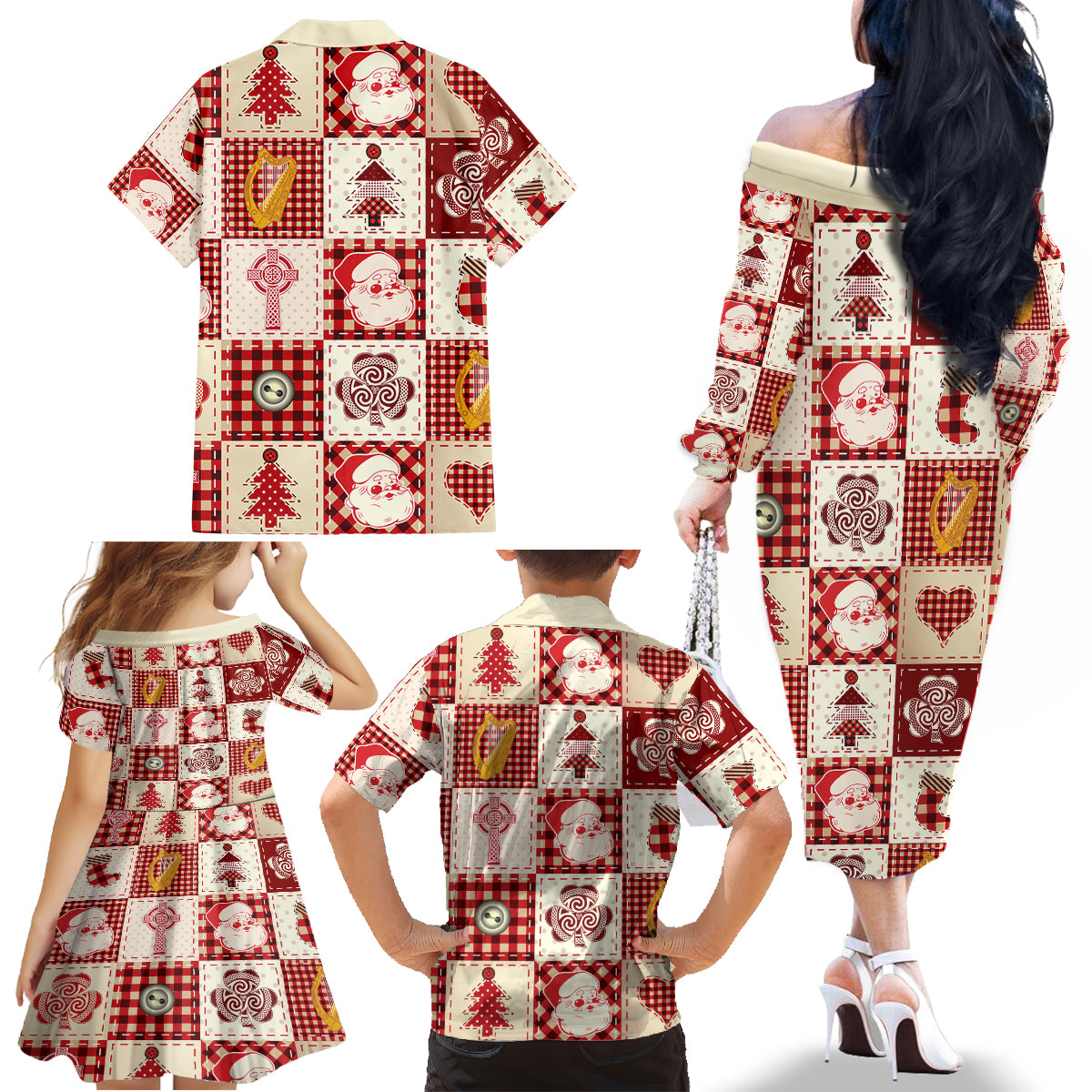 Ireland Christmas Family Matching Off Shoulder Long Sleeve Dress and Hawaiian Shirt Irish Celtic Xmas Patchwork Style - Wonder Print Shop