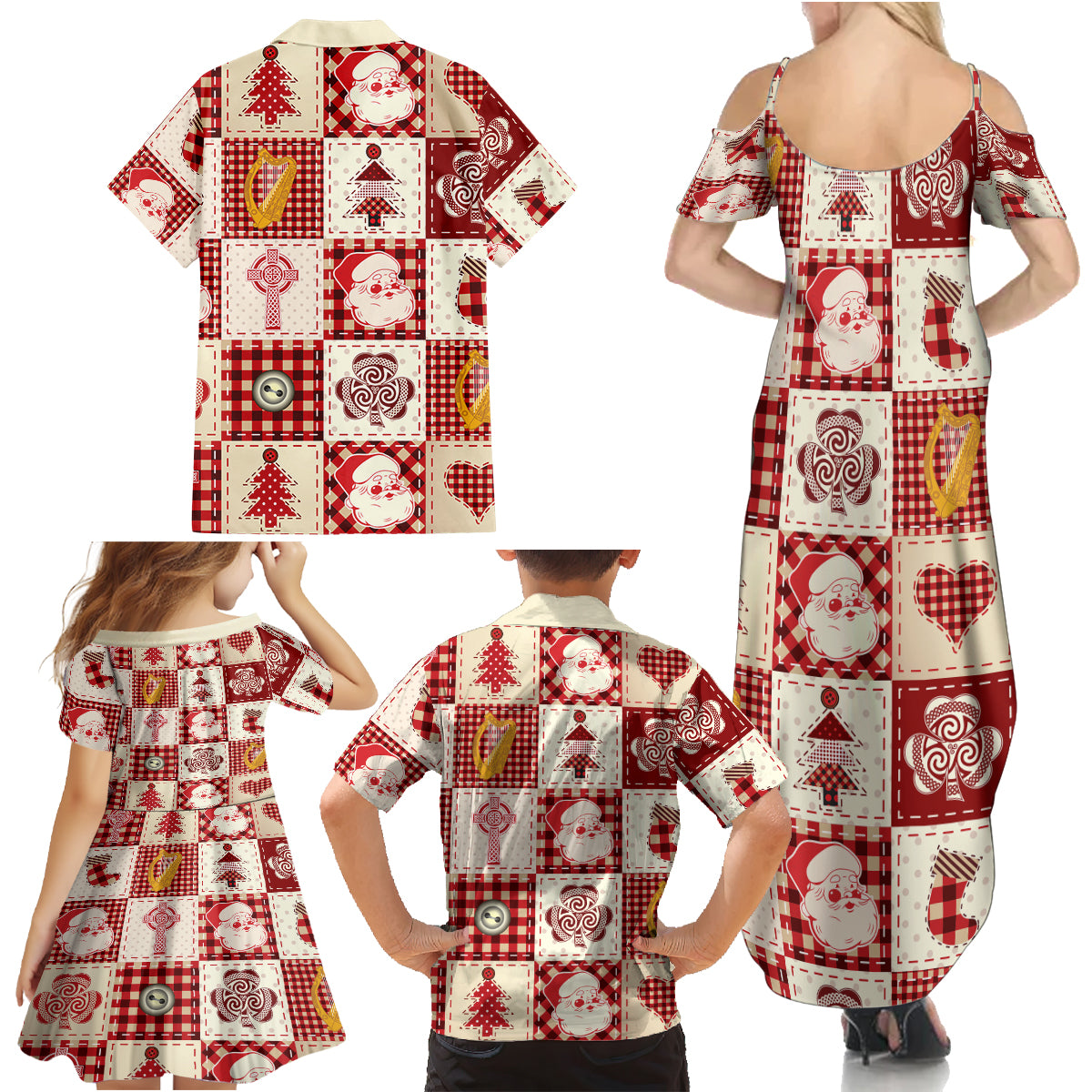 Ireland Christmas Family Matching Summer Maxi Dress and Hawaiian Shirt Irish Celtic Xmas Patchwork Style - Wonder Print Shop