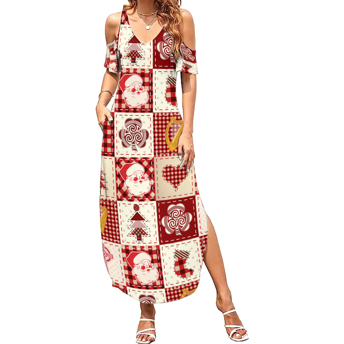 Ireland Christmas Family Matching Summer Maxi Dress and Hawaiian Shirt Irish Celtic Xmas Patchwork Style - Wonder Print Shop