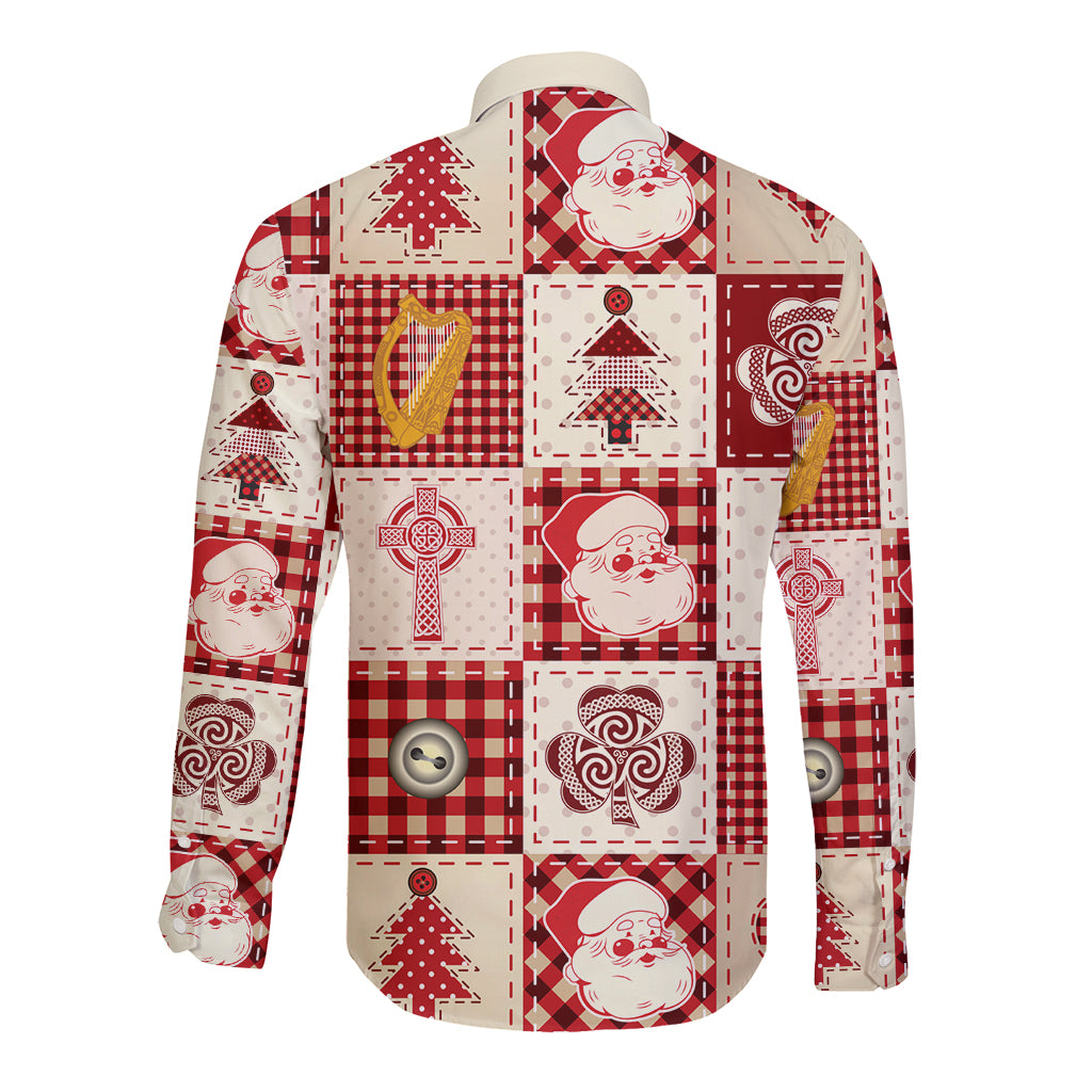 Ireland Christmas Long Sleeve Button Shirt Irish Celtic Xmas Patchwork Style - Wonder Print Shop