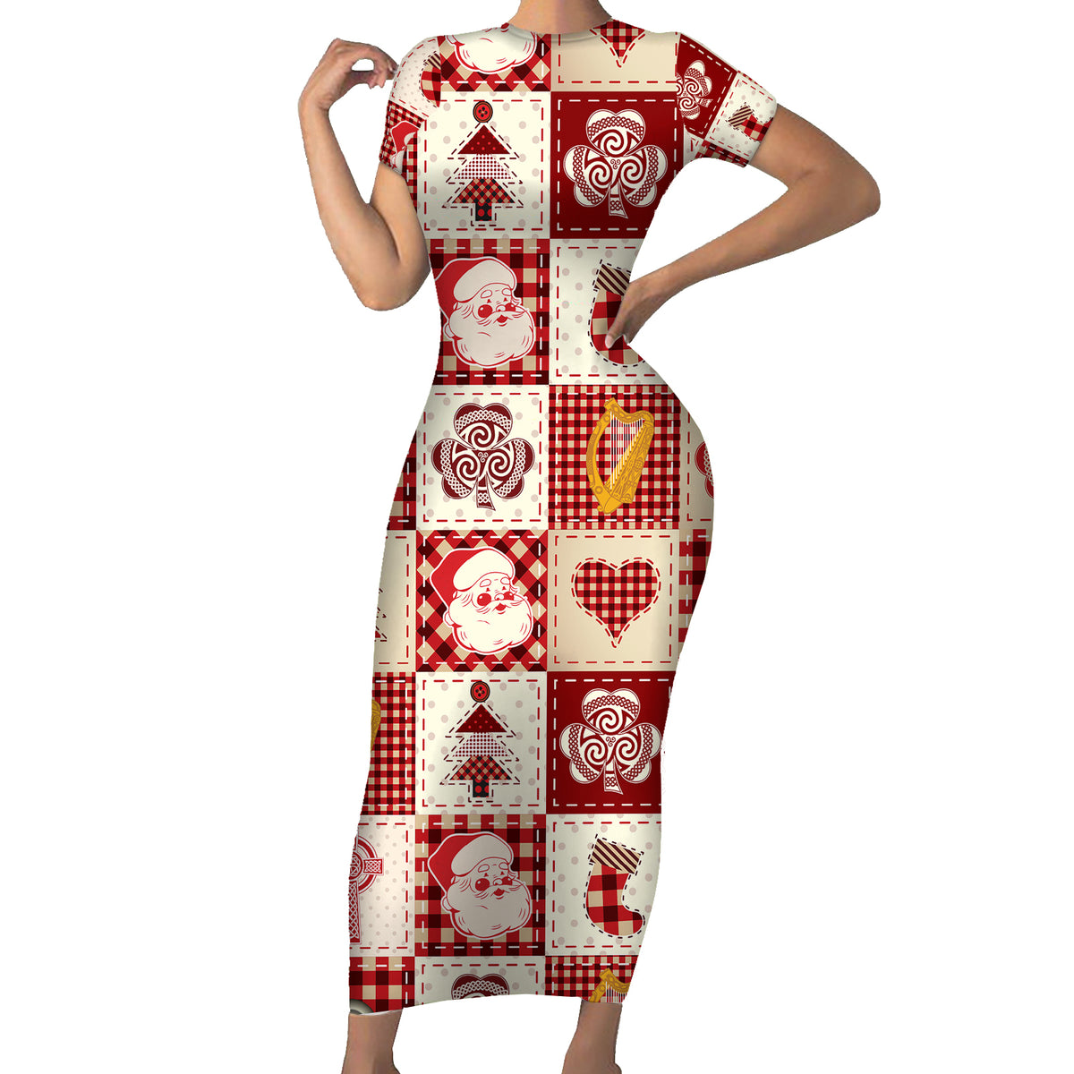 Ireland Christmas Short Sleeve Bodycon Dress Irish Celtic Xmas Patchwork Style - Wonder Print Shop