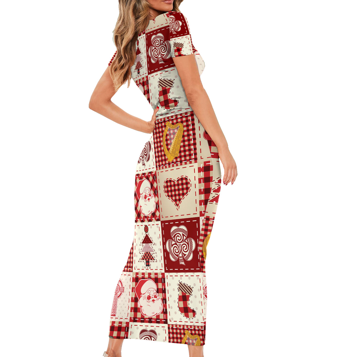 Ireland Christmas Short Sleeve Bodycon Dress Irish Celtic Xmas Patchwork Style - Wonder Print Shop