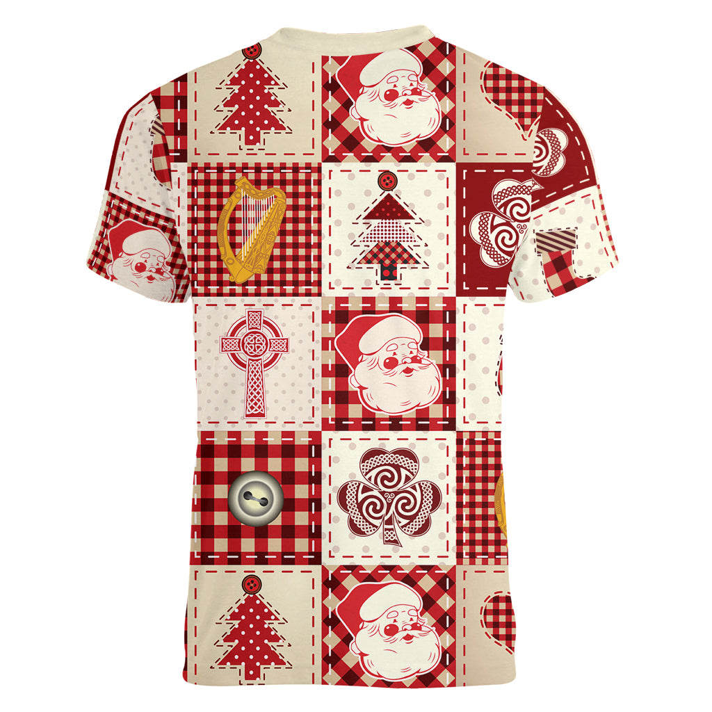 Ireland Christmas Women V Neck T Shirt Irish Celtic Xmas Patchwork Style - Wonder Print Shop