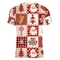 Ireland Christmas Women V Neck T Shirt Irish Celtic Xmas Patchwork Style - Wonder Print Shop