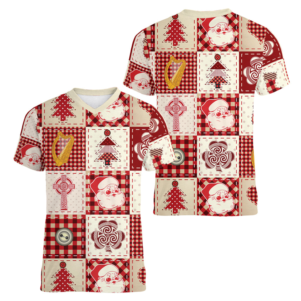 Ireland Christmas Women V Neck T Shirt Irish Celtic Xmas Patchwork Style - Wonder Print Shop