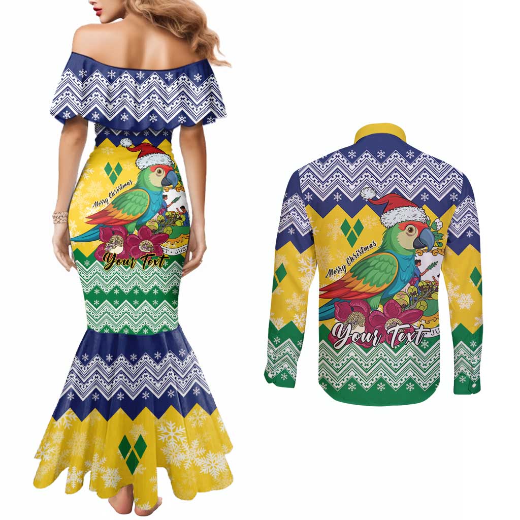Personalized Saint Vincent and the Grenadines Christmas Couples Matching Mermaid Dress and Long Sleeve Button Shirt Santa Vincent Parrot