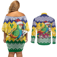 Personalized Saint Vincent and the Grenadines Christmas Couples Matching Off Shoulder Short Dress and Long Sleeve Button Shirt Santa Vincent Parrot - Wonder Print Shop
