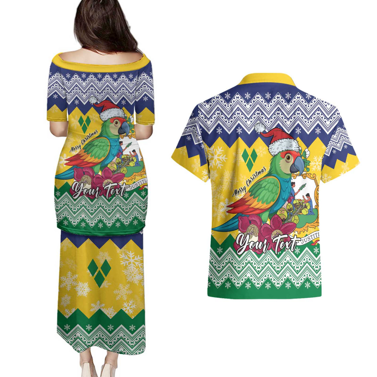 Personalized Saint Vincent and the Grenadines Christmas Couples Matching Puletasi and Hawaiian Shirt Santa Vincent Parrot - Wonder Print Shop