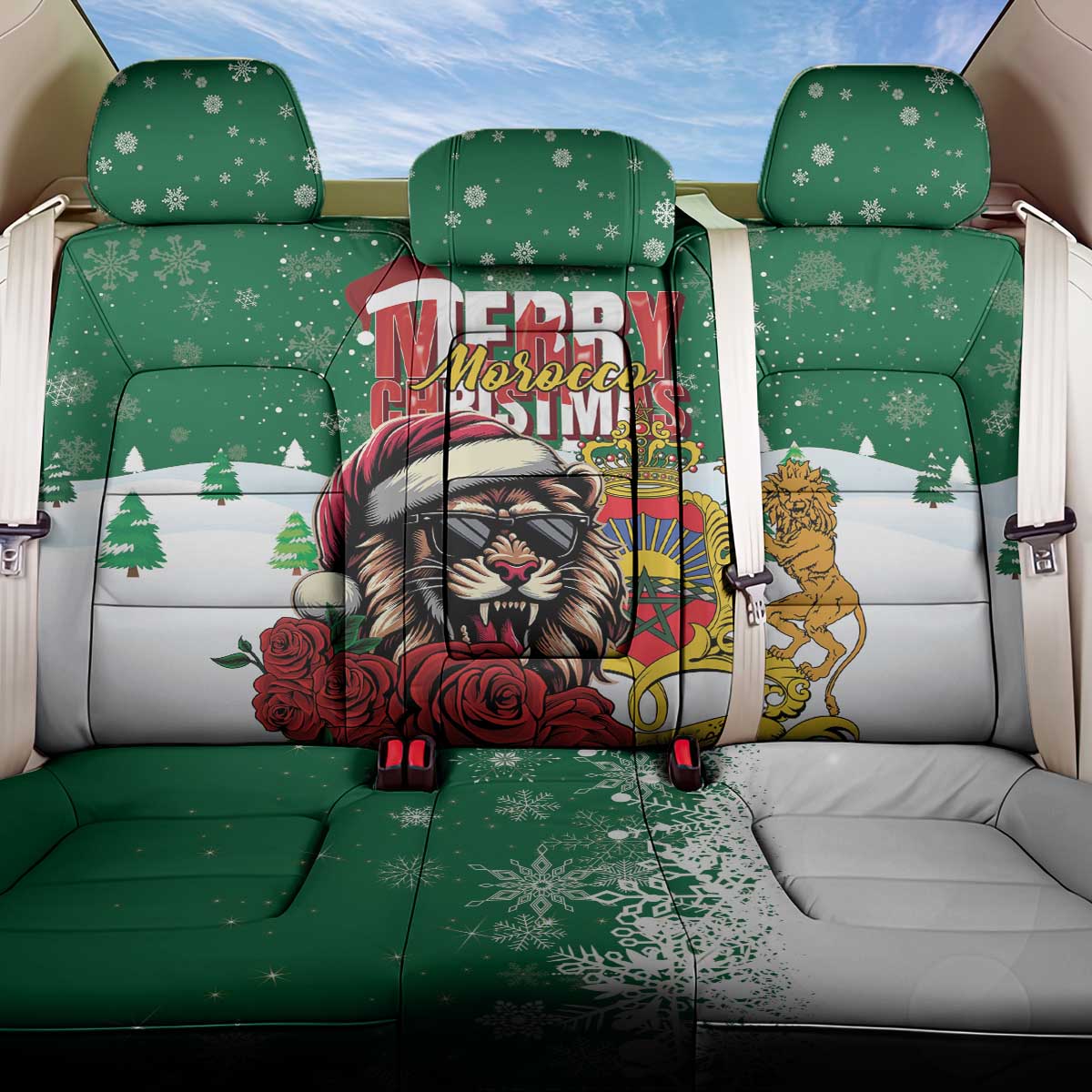 Morocco Christmas Back Car Seat Cover Santa Lion With Rose Xmas Vibe - Wonder Print Shop