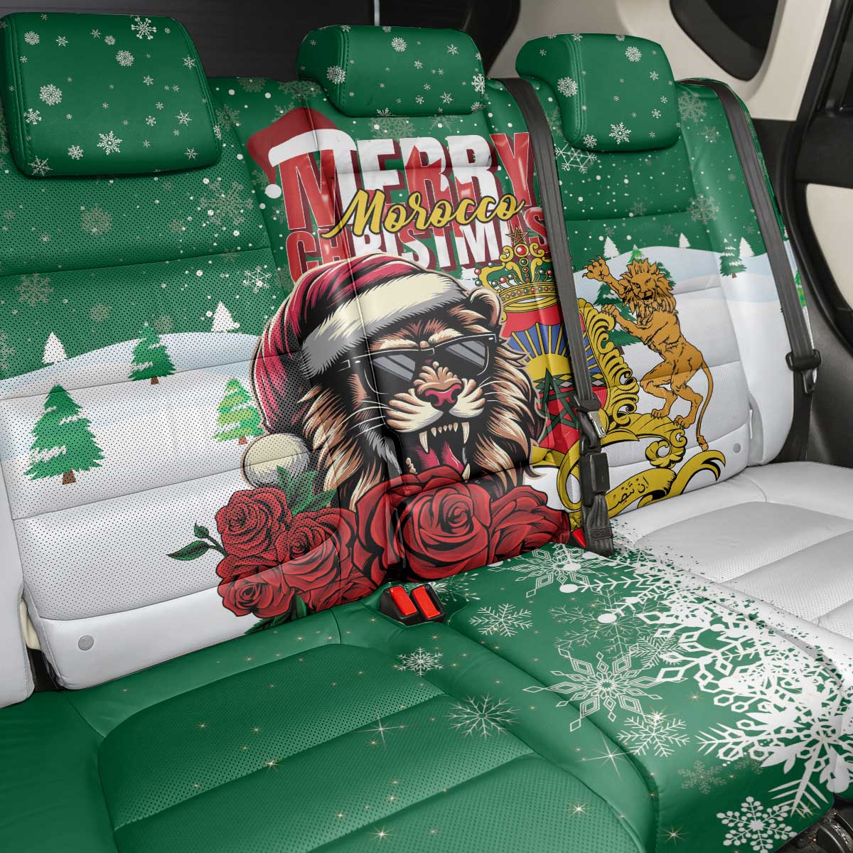 Morocco Christmas Back Car Seat Cover Santa Lion With Rose Xmas Vibe - Wonder Print Shop