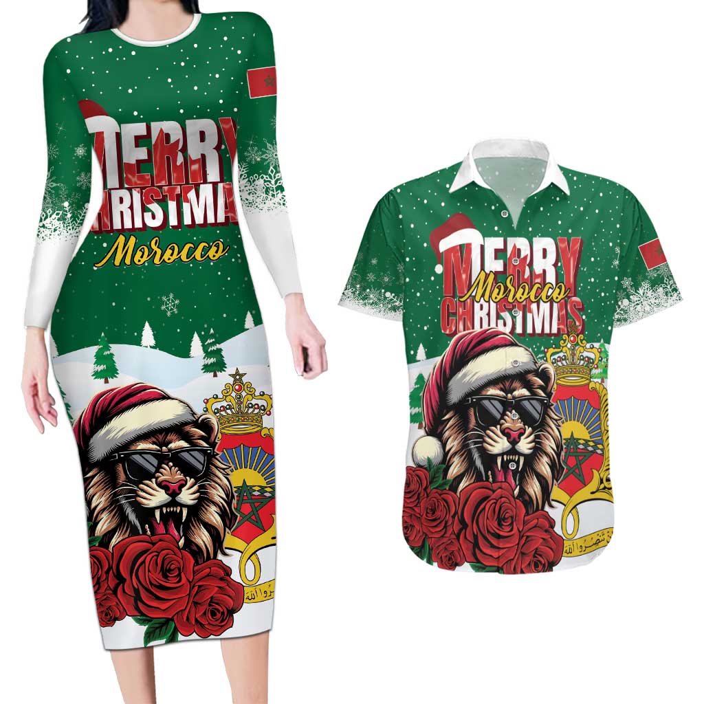 Morocco Christmas Couples Matching Long Sleeve Bodycon Dress and Hawaiian Shirt Santa Lion With Rose Xmas Vibe - Wonder Print Shop
