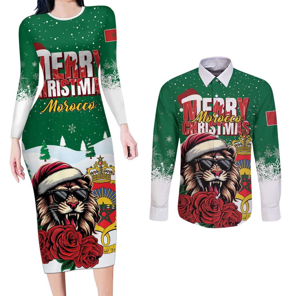 Morocco Christmas Couples Matching Long Sleeve Bodycon Dress and Long Sleeve Button Shirt Santa Lion With Rose Xmas Vibe - Wonder Print Shop