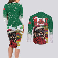 Morocco Christmas Couples Matching Long Sleeve Bodycon Dress and Long Sleeve Button Shirt Santa Lion With Rose Xmas Vibe - Wonder Print Shop