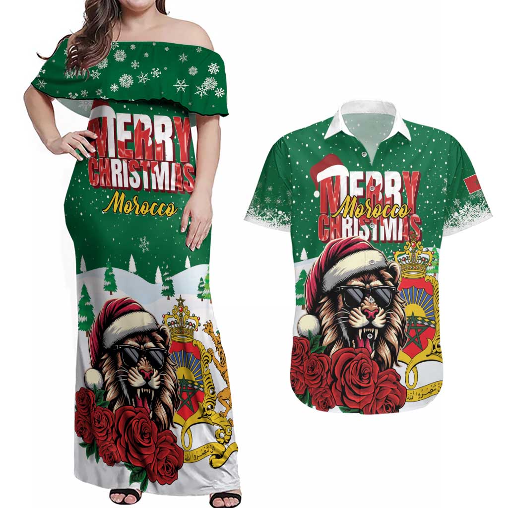 Morocco Christmas Couples Matching Off Shoulder Maxi Dress and Hawaiian Shirt Santa Lion With Rose Xmas Vibe - Wonder Print Shop