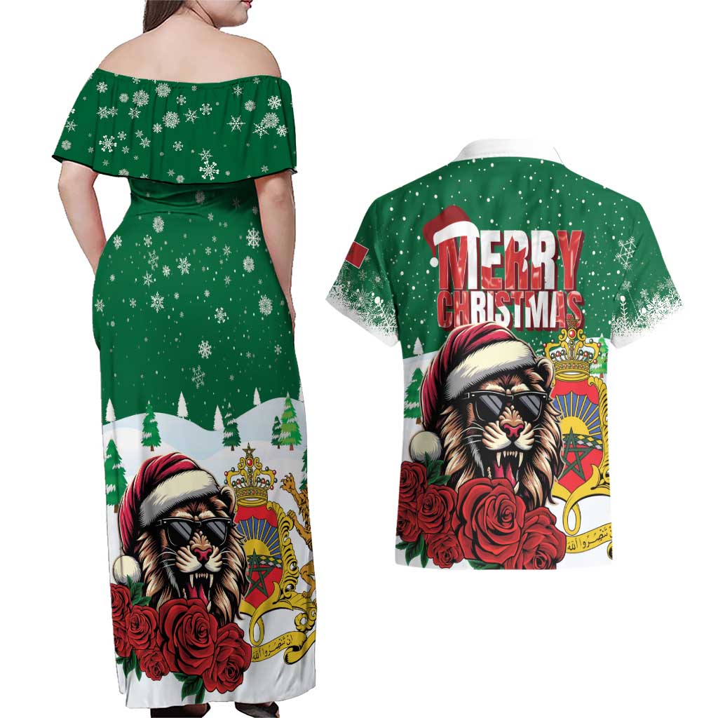 Morocco Christmas Couples Matching Off Shoulder Maxi Dress and Hawaiian Shirt Santa Lion With Rose Xmas Vibe - Wonder Print Shop