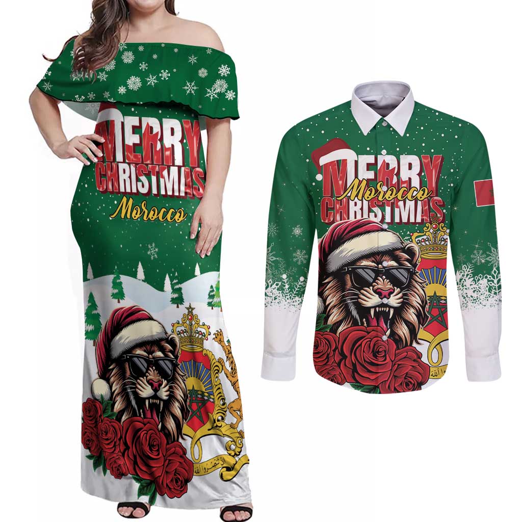 Morocco Christmas Couples Matching Off Shoulder Maxi Dress and Long Sleeve Button Shirt Santa Lion With Rose Xmas Vibe - Wonder Print Shop