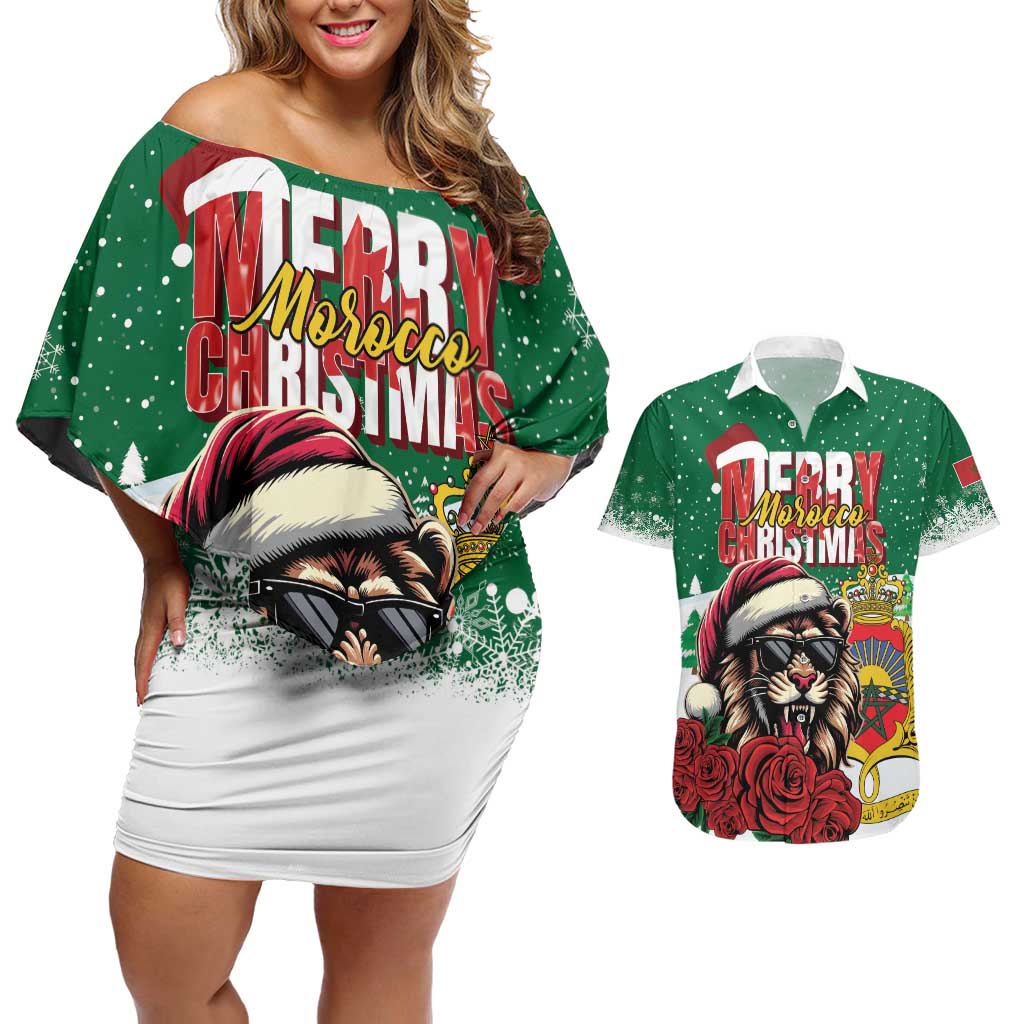 Morocco Christmas Couples Matching Off Shoulder Short Dress and Hawaiian Shirt Santa Lion With Rose Xmas Vibe - Wonder Print Shop
