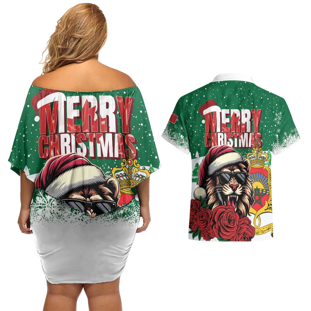 Morocco Christmas Couples Matching Off Shoulder Short Dress and Hawaiian Shirt Santa Lion With Rose Xmas Vibe - Wonder Print Shop