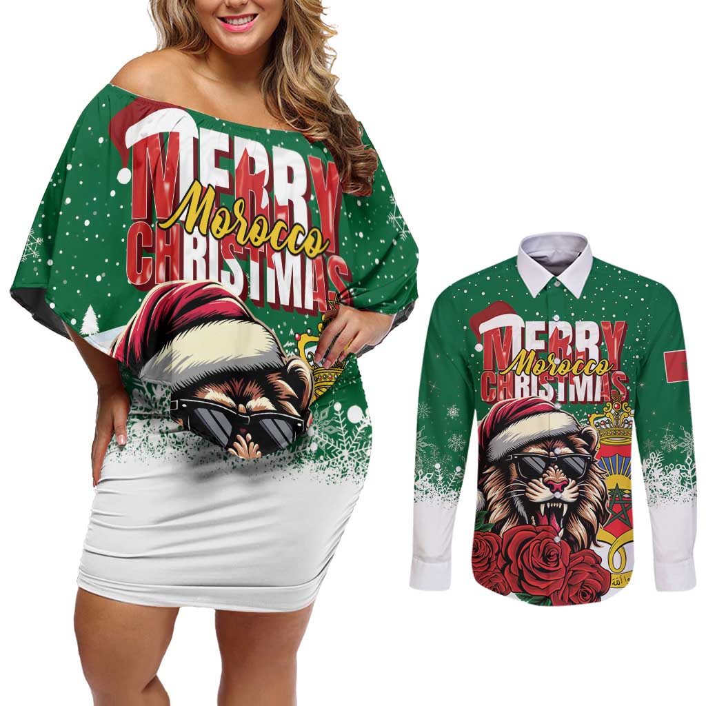 Morocco Christmas Couples Matching Off Shoulder Short Dress and Long Sleeve Button Shirt Santa Lion With Rose Xmas Vibe - Wonder Print Shop