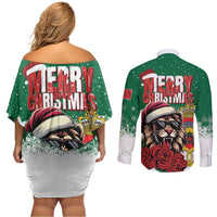 Morocco Christmas Couples Matching Off Shoulder Short Dress and Long Sleeve Button Shirt Santa Lion With Rose Xmas Vibe - Wonder Print Shop