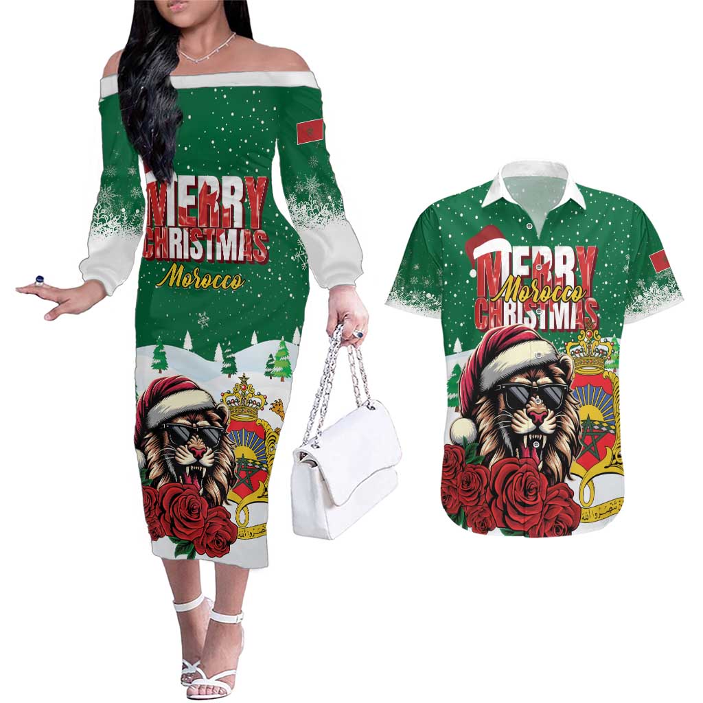 Morocco Christmas Couples Matching Off The Shoulder Long Sleeve Dress and Hawaiian Shirt Santa Lion With Rose Xmas Vibe - Wonder Print Shop