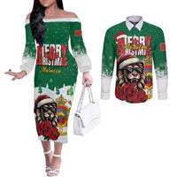 Morocco Christmas Couples Matching Off The Shoulder Long Sleeve Dress and Long Sleeve Button Shirt Santa Lion With Rose Xmas Vibe