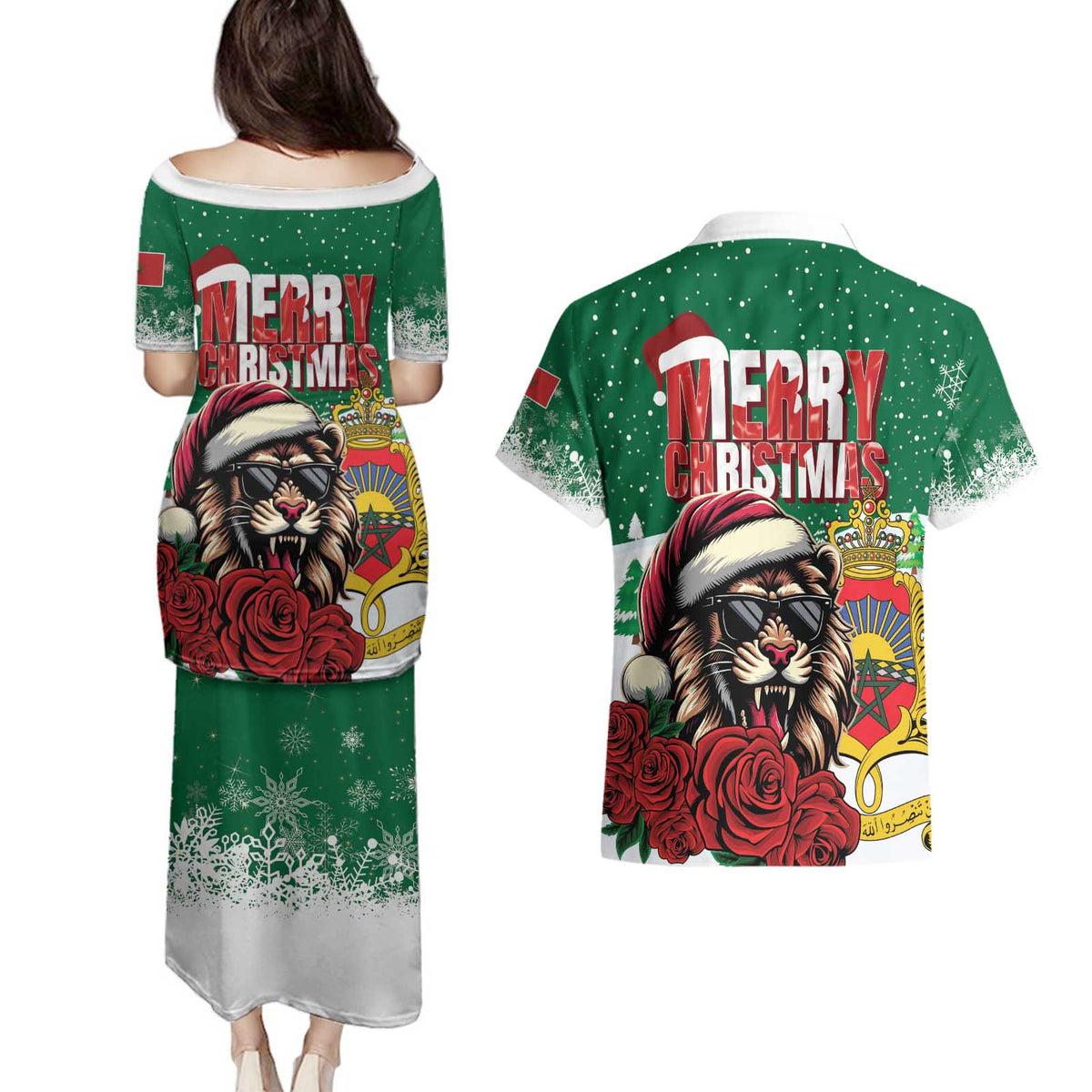Morocco Christmas Couples Matching Puletasi and Hawaiian Shirt Santa Lion With Rose Xmas Vibe - Wonder Print Shop