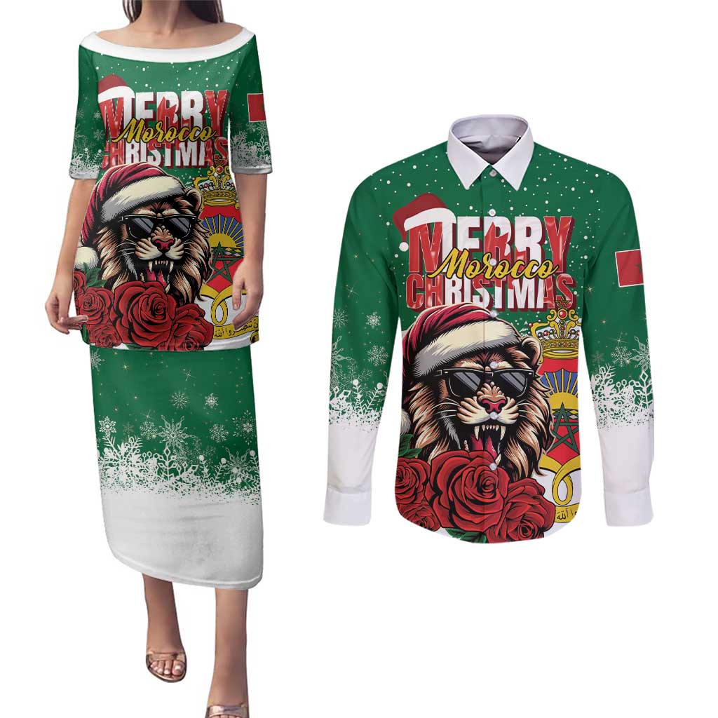 Morocco Christmas Couples Matching Puletasi and Long Sleeve Button Shirt Santa Lion With Rose Xmas Vibe - Wonder Print Shop